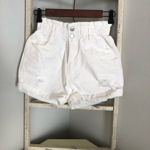 Paperbag White Distressed Denim Jean Shorts